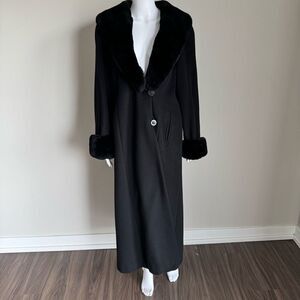 Vintage Women’s Black Sheared  Cashmere Wool Real Fur Trim Maxi Coat Black